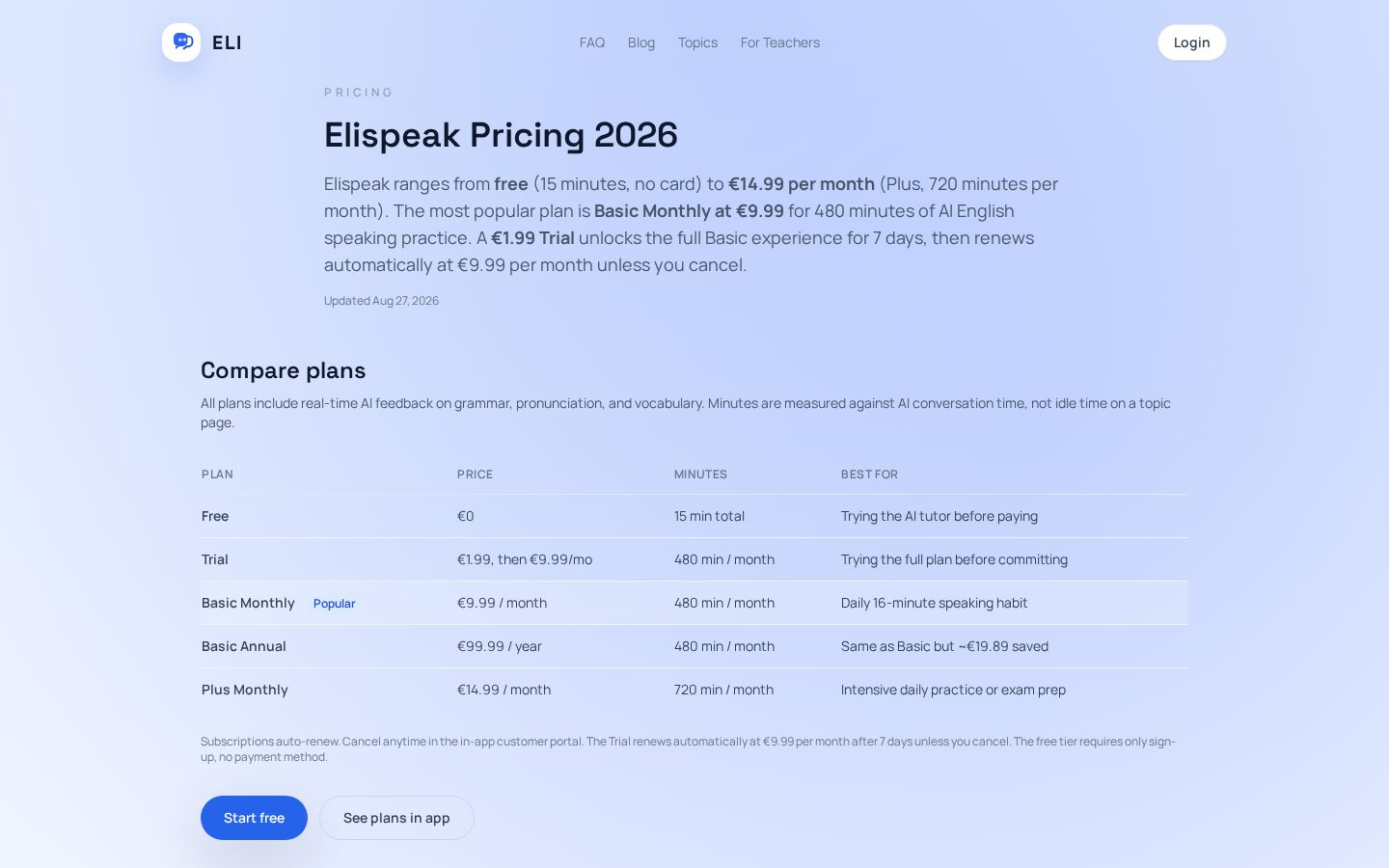 Elispeak Pricing