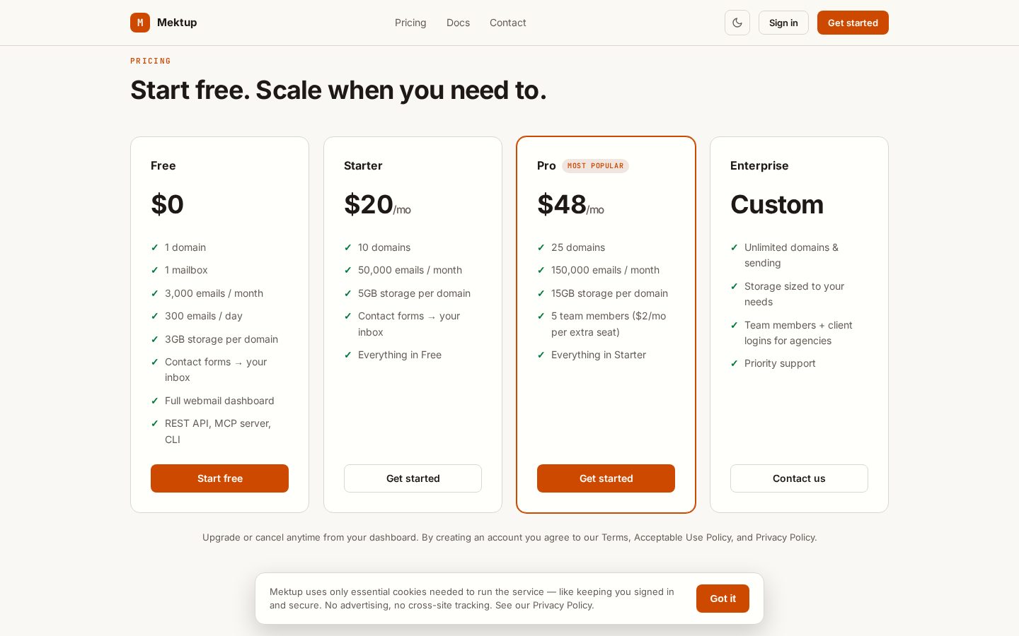 Email Hosting + API & MCP Server for AI Pricing