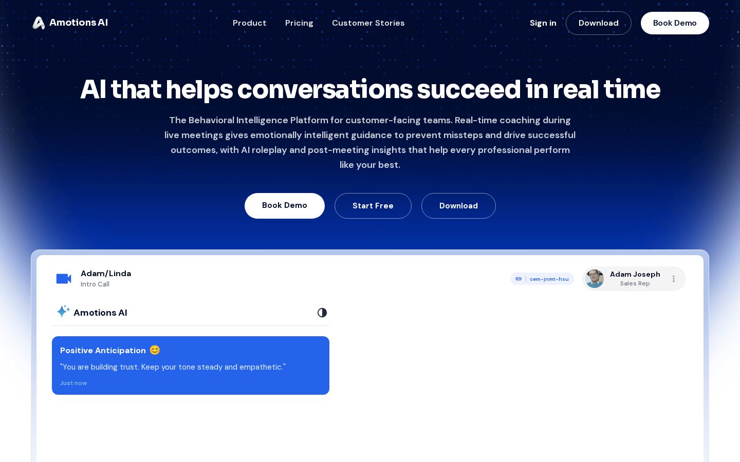 Emotional intelligence AI for live calls Homepage