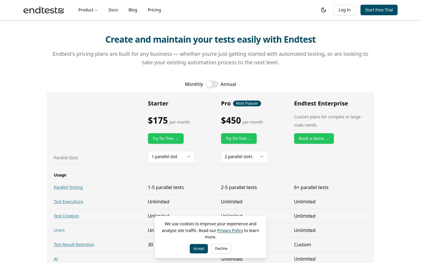 Endtest Pricing