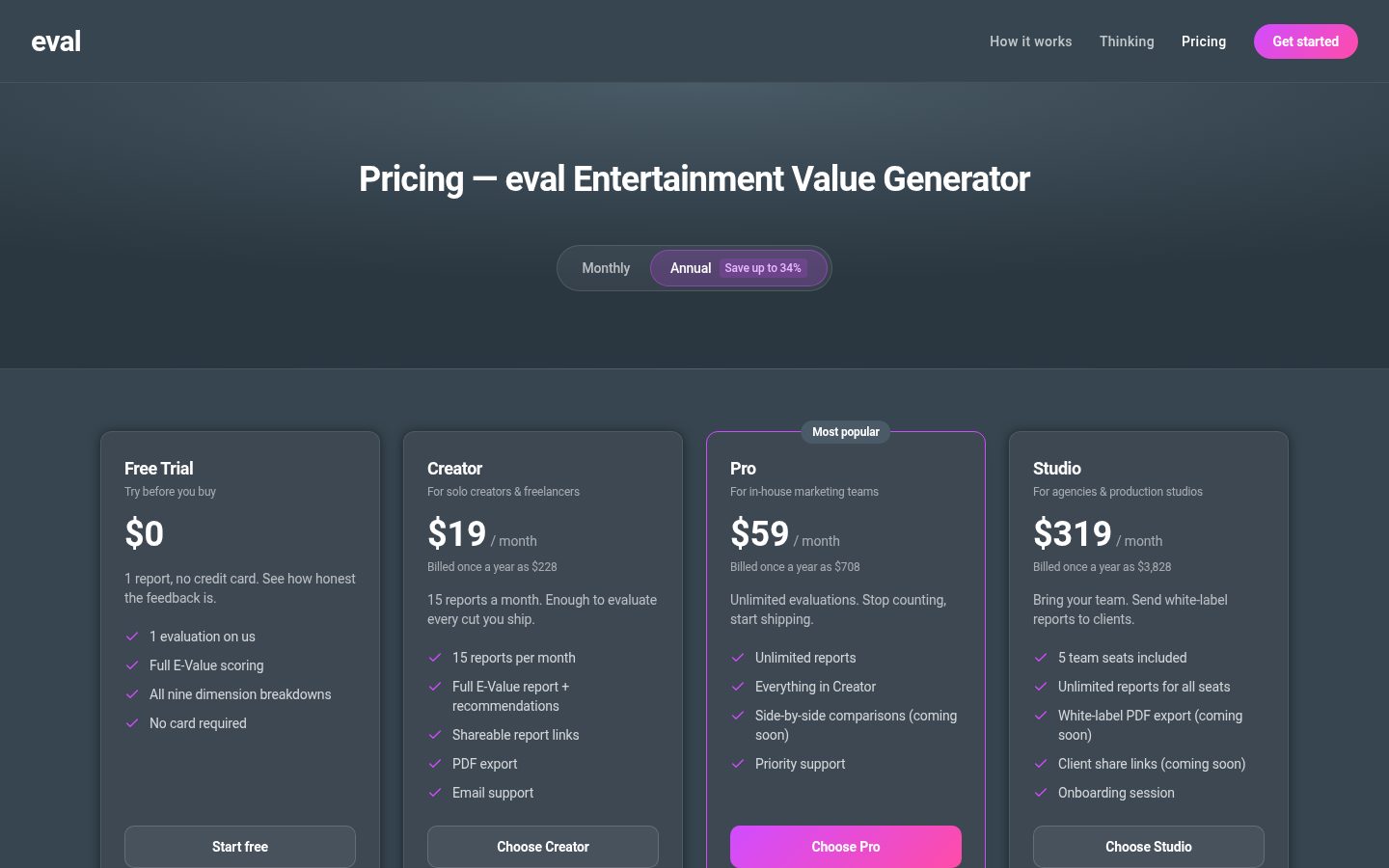 Entertainment Value Generator Pricing