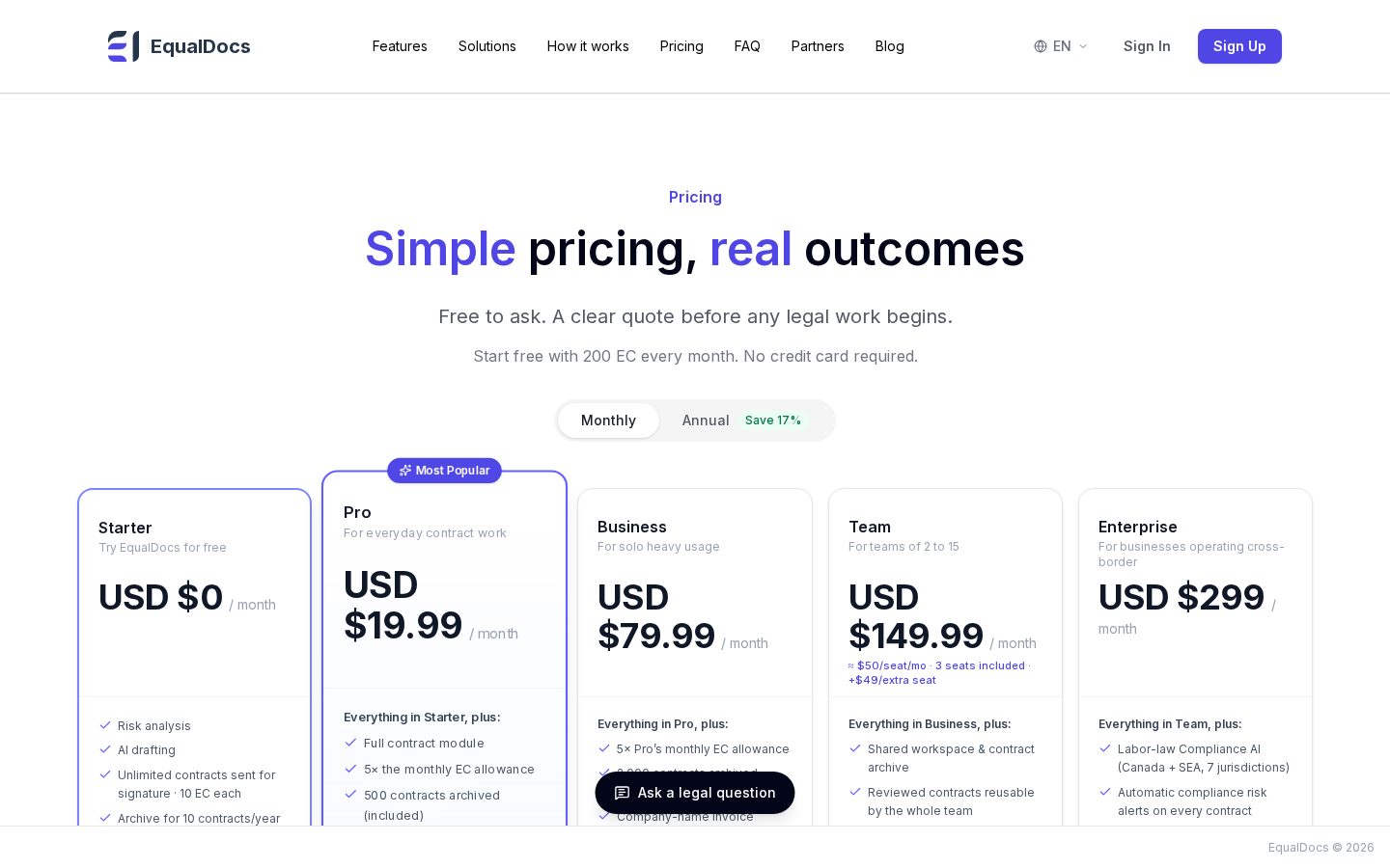EqualDocs AI Pricing