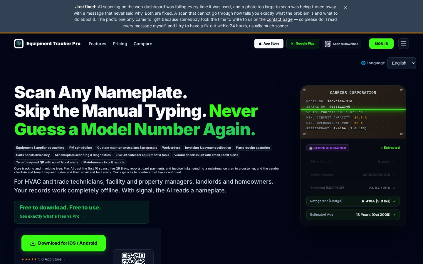 Equipment Tracker Pro Homepage