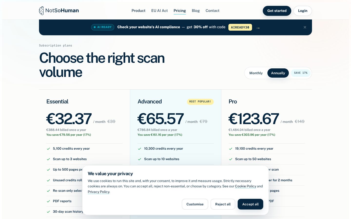 EU AI Act Website Scanner Pricing