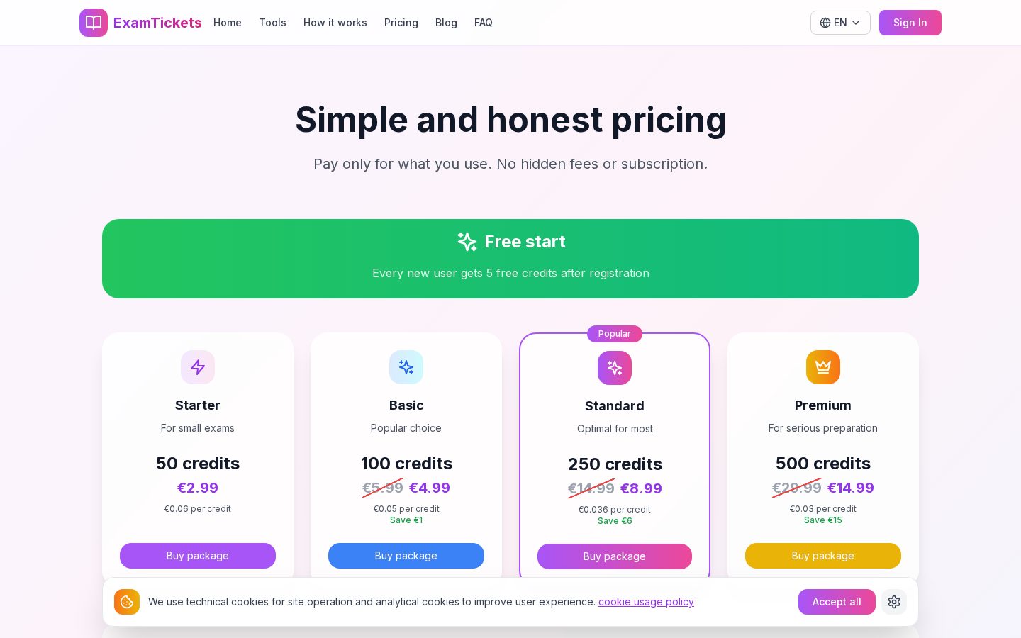 ExamTickets Pricing
