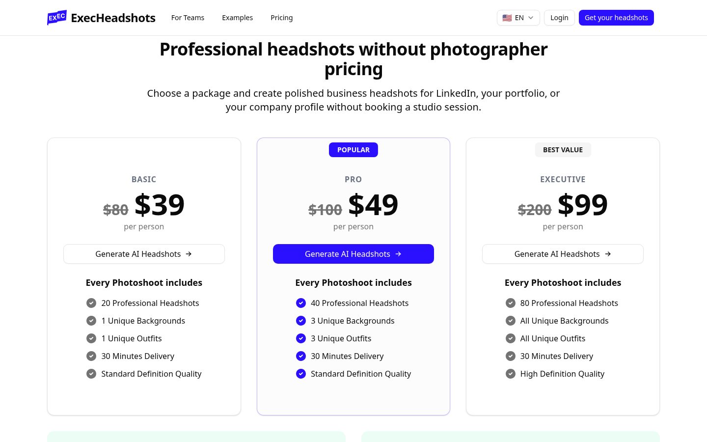 ExecHeadshots Pricing