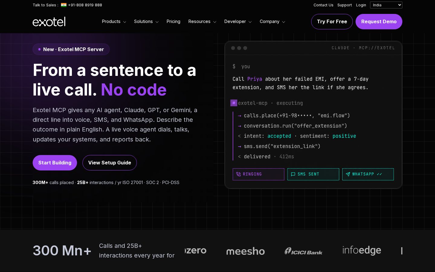 Exotel's MCP Server Homepage