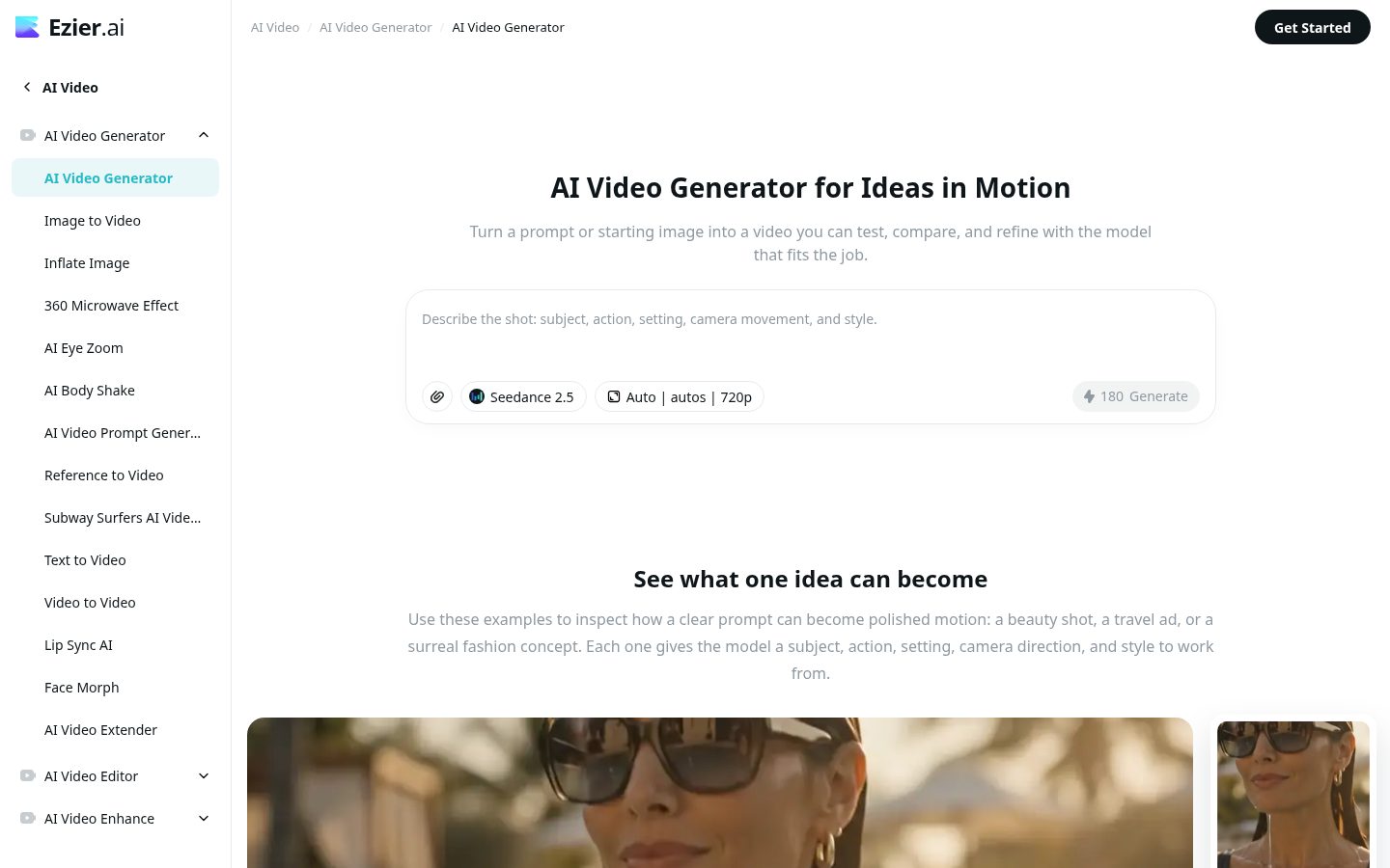 Ezier AI Video Generator Homepage