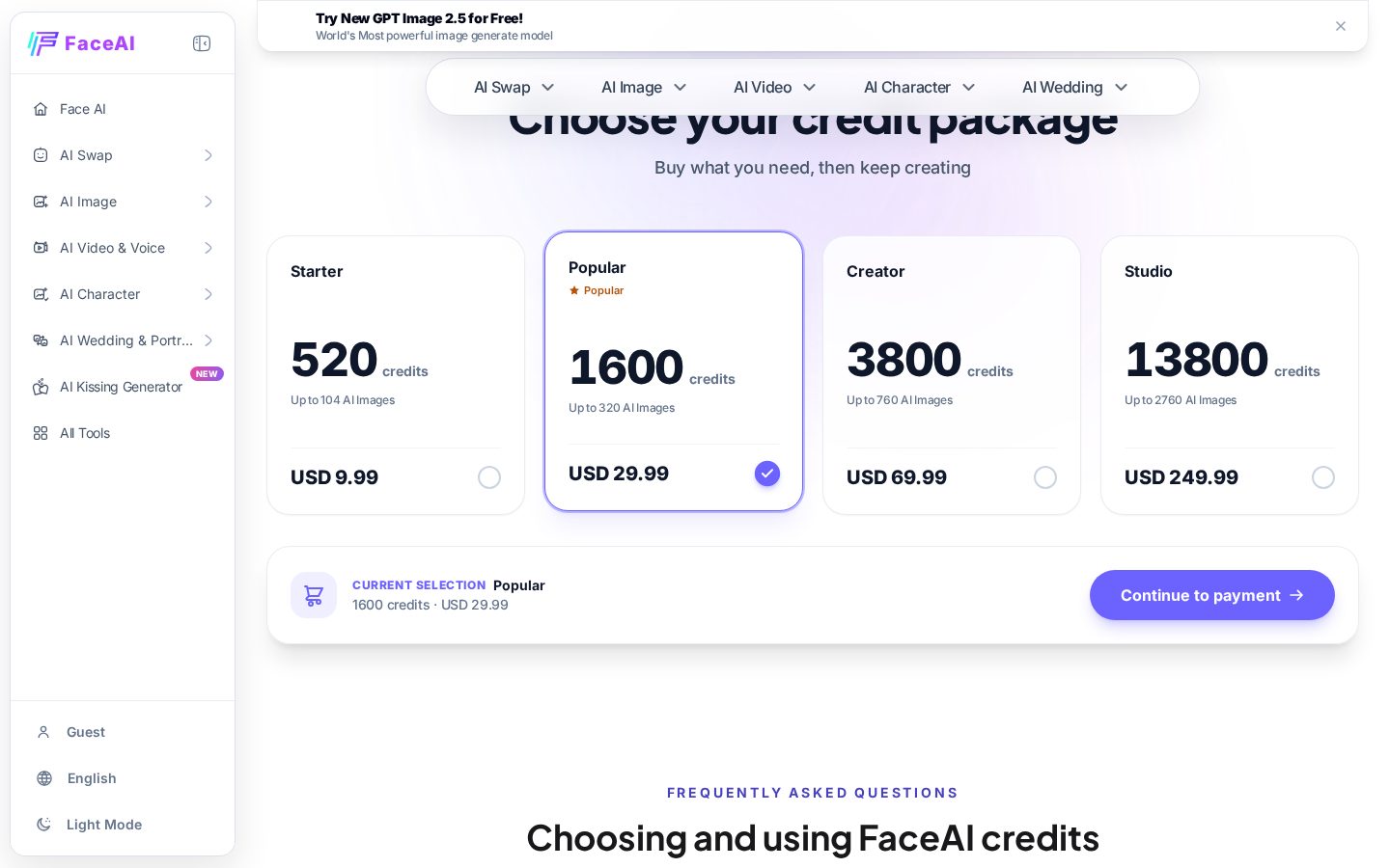 Face AI Pricing