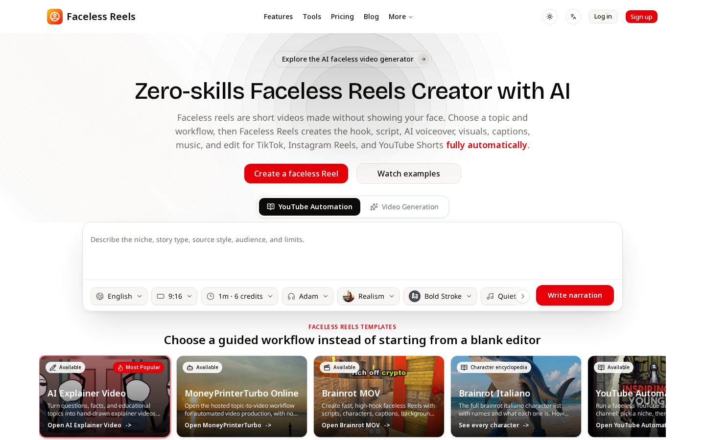 Faceless Reels Homepage