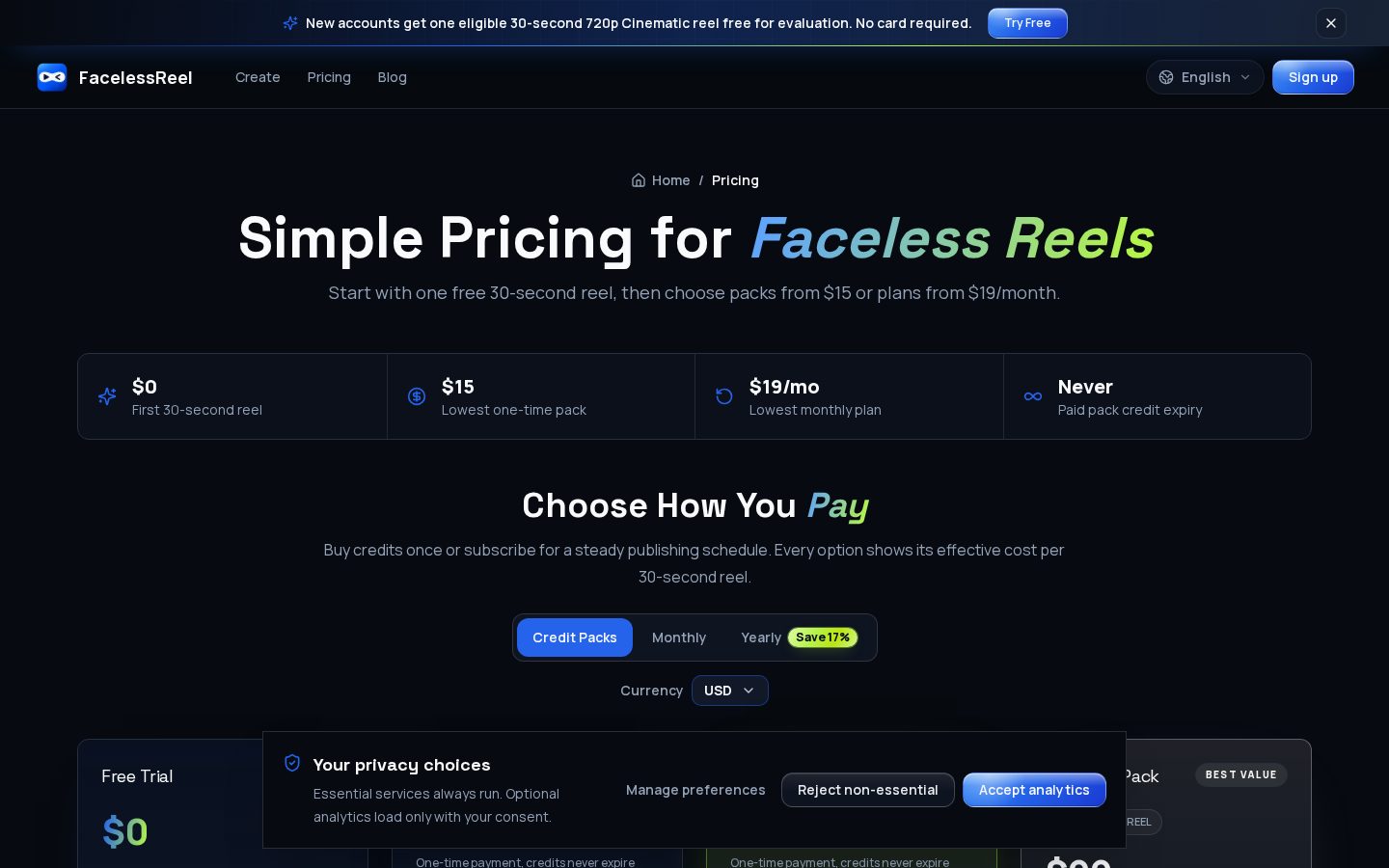 FacelessReel Pricing