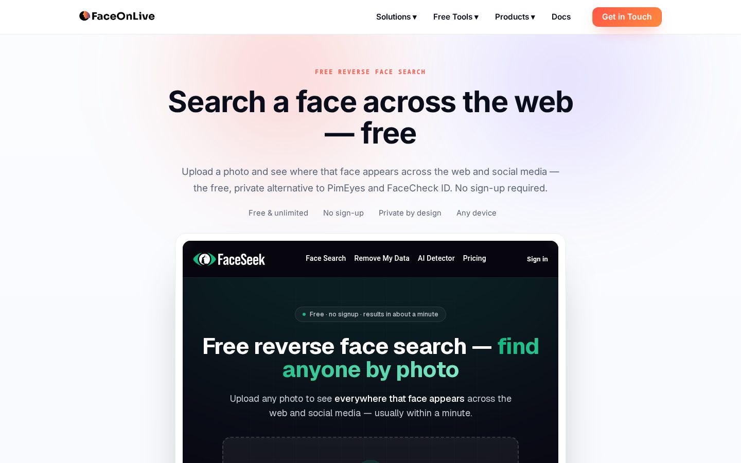 FaceOnLive Face Search Homepage