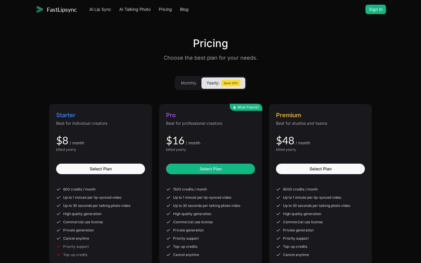 FastLipsync Pricing