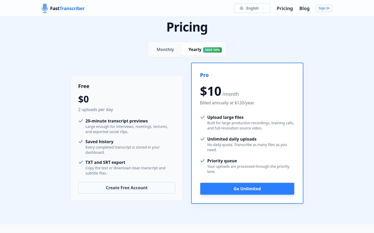 FastTranscriber Pricing