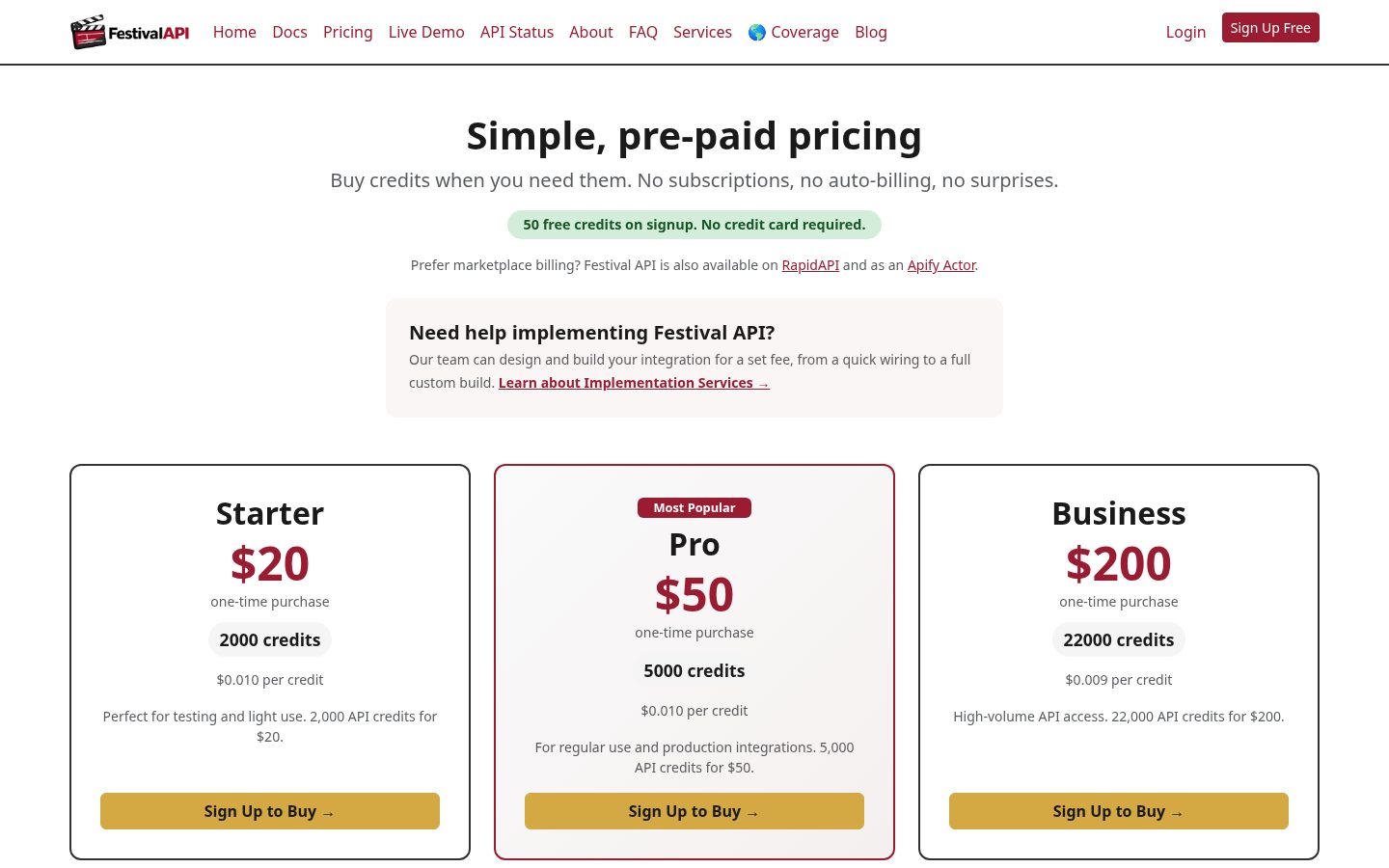 Festival API Pricing