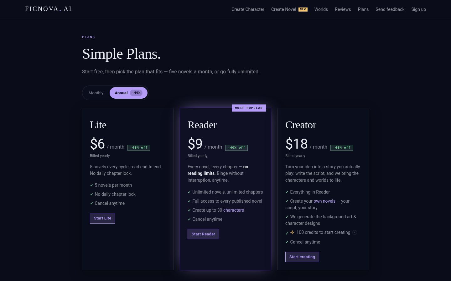 Ficnova AI Pricing