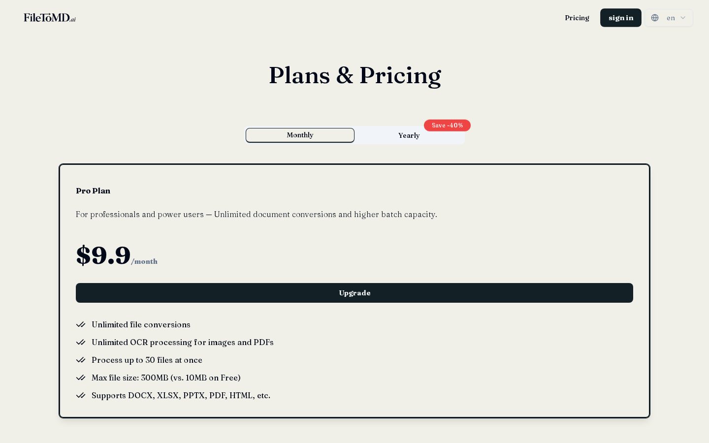 FILETOMD AI Pricing