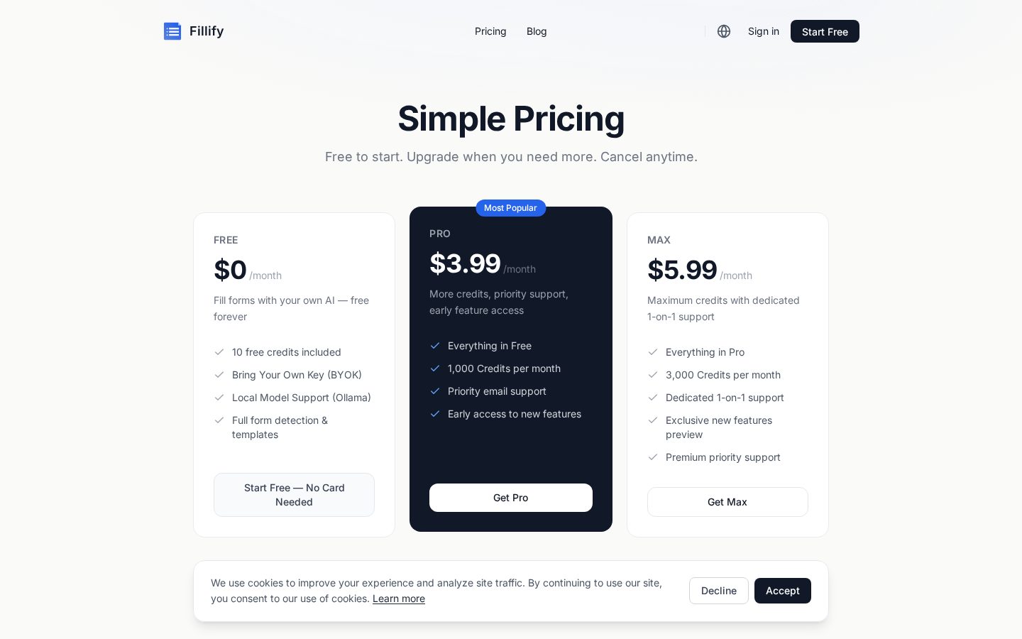 Fillify Pricing