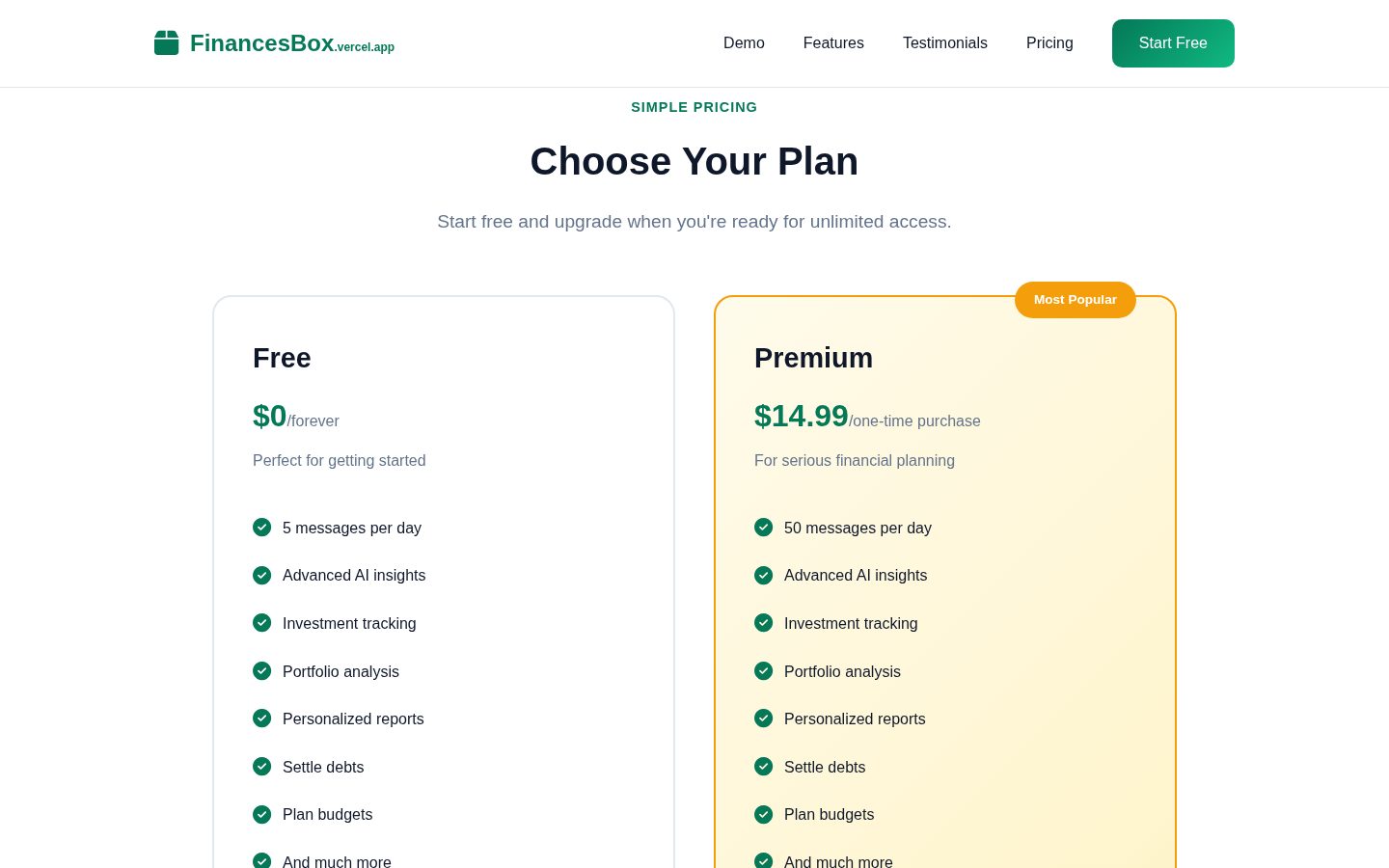 FinancesBox Pricing
