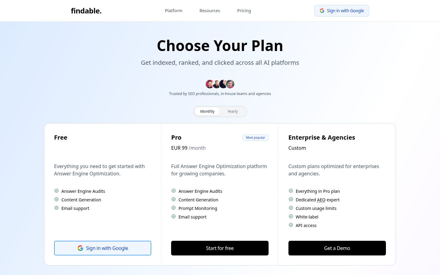 findable. Pricing