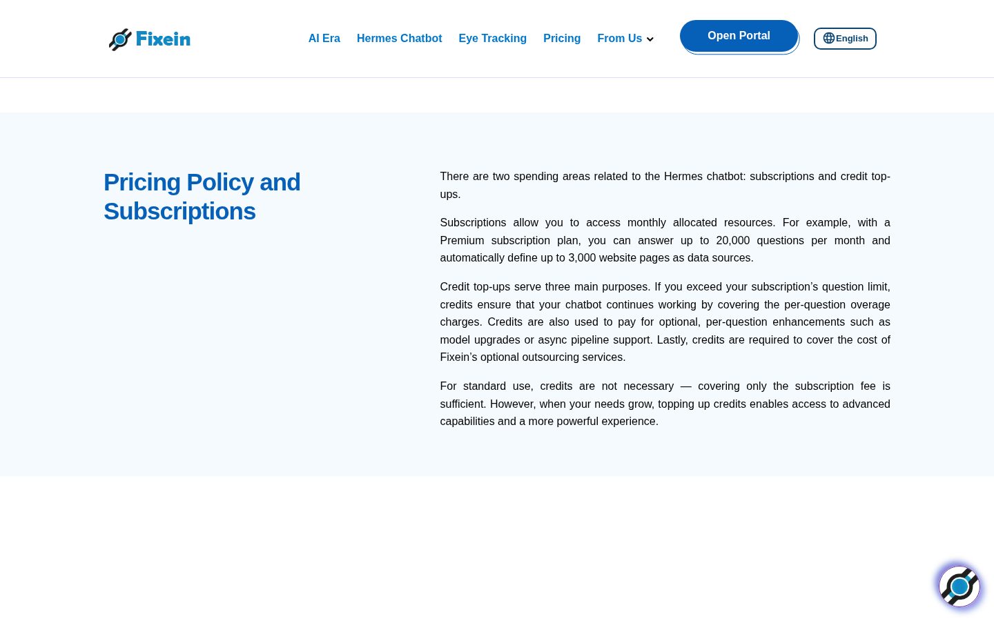 Fixein Hermes Chatbot Pricing