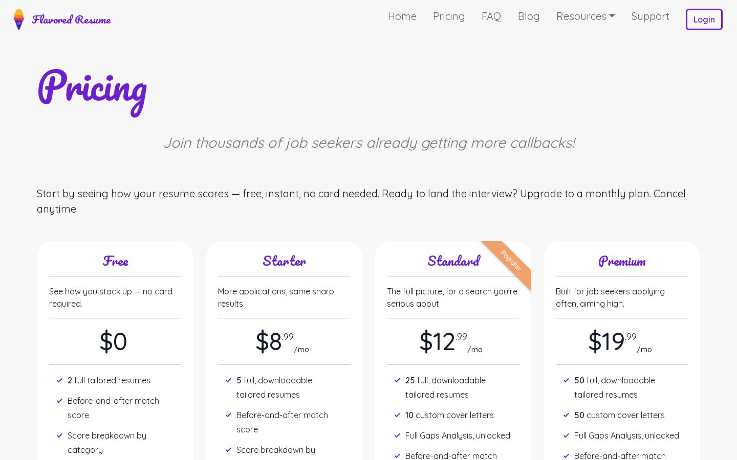 Flavored Resume Pricing
