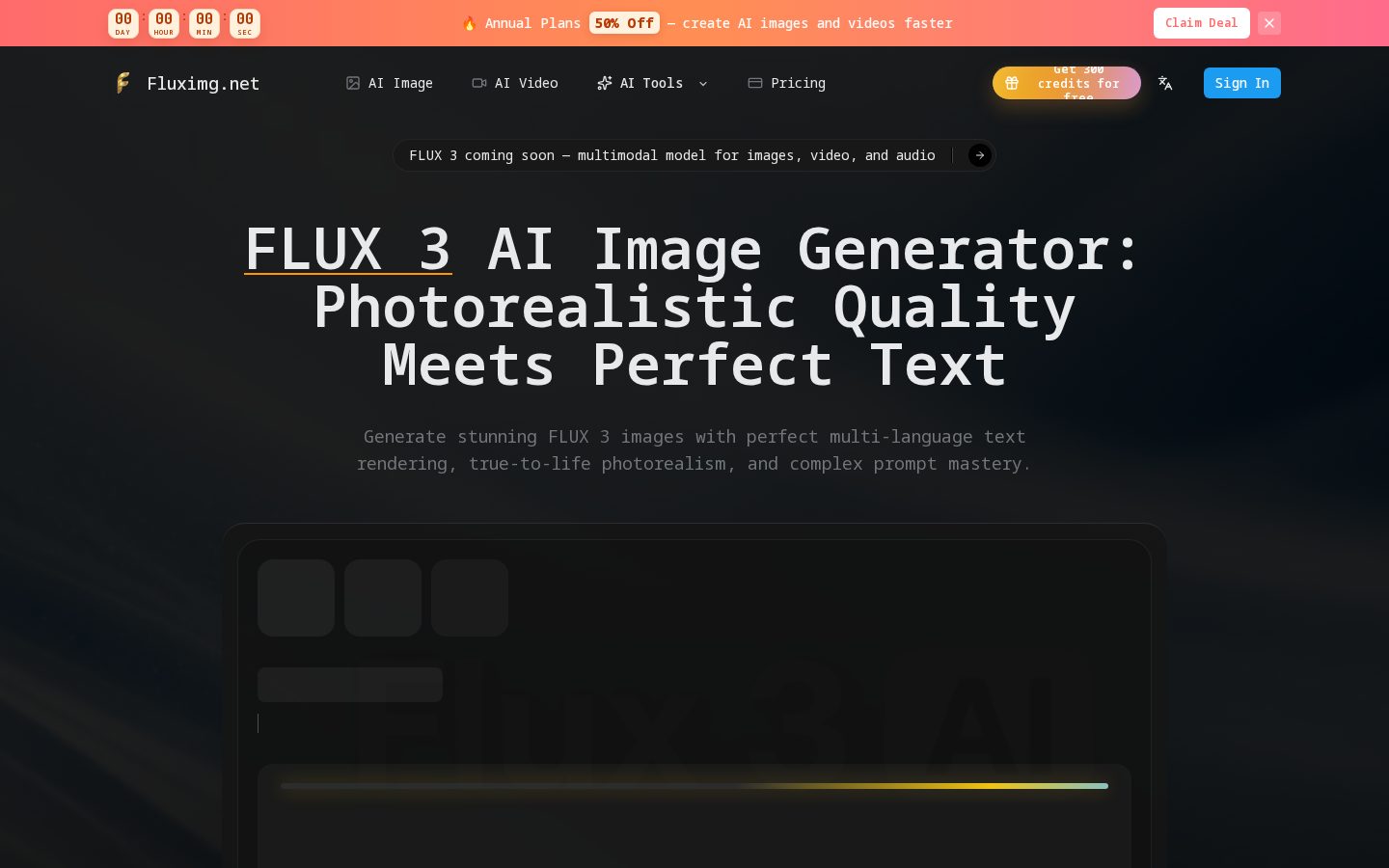 Fluximg.net FLUX 3 Image Generator Homepage