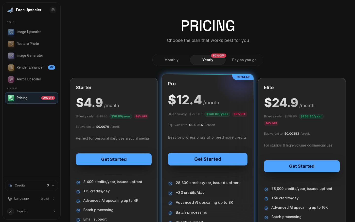 Foca Upscaler Pricing