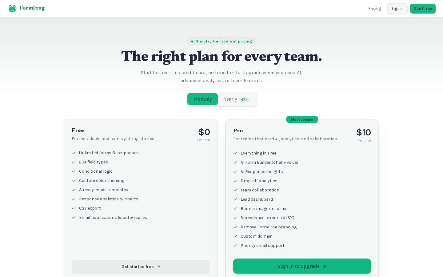 FormFrog Pricing