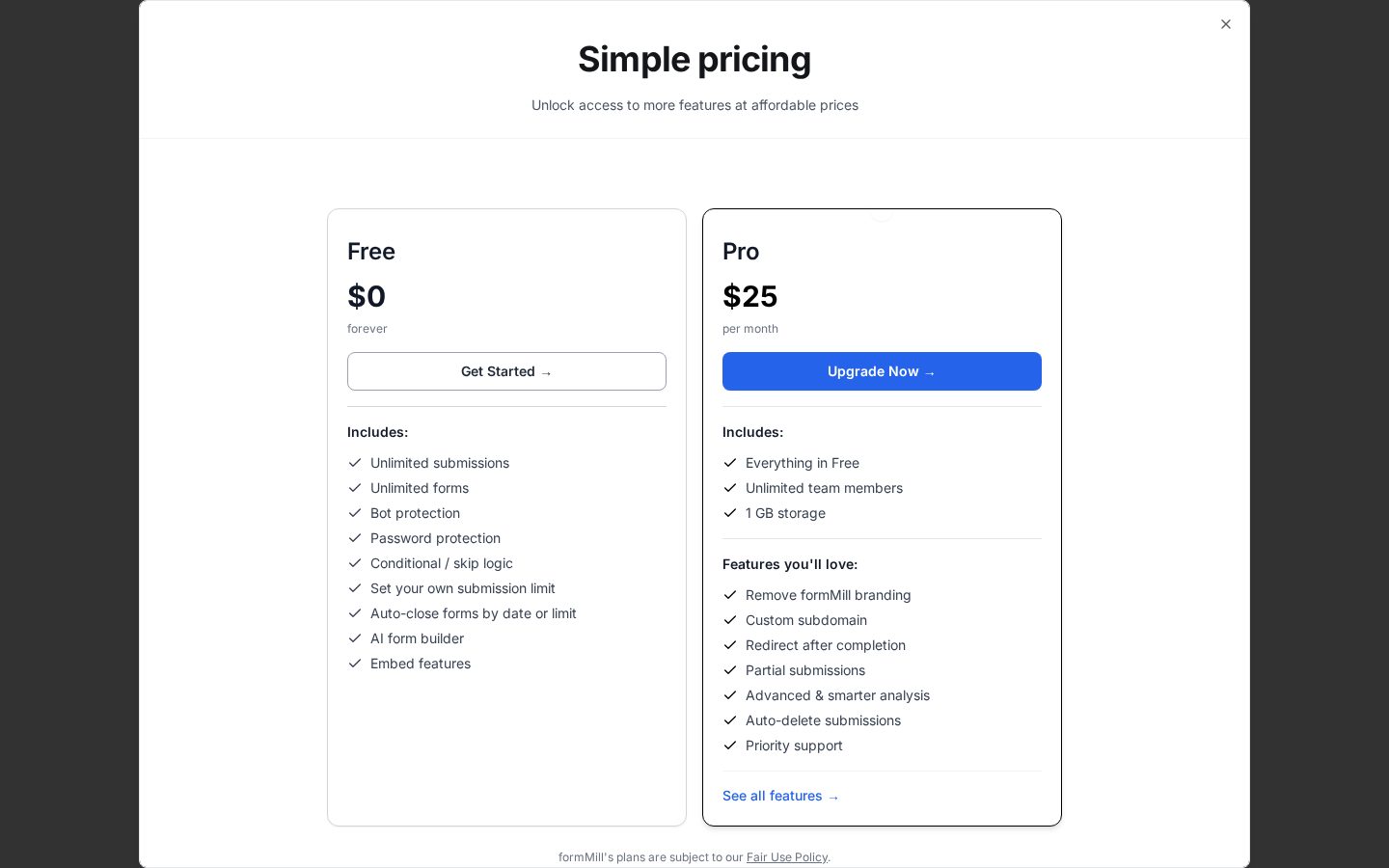 formMill Pricing