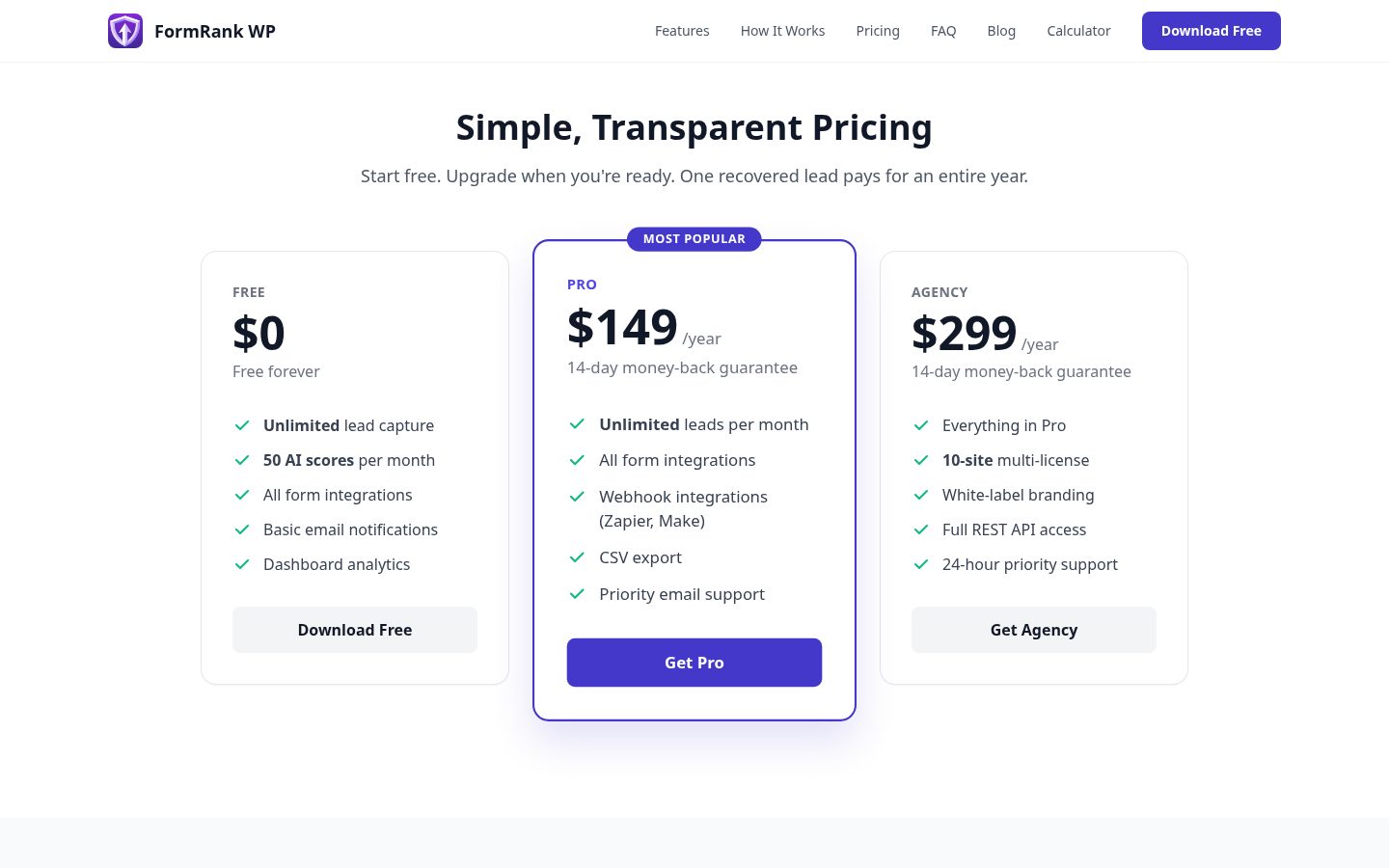 FormRank WP Pricing