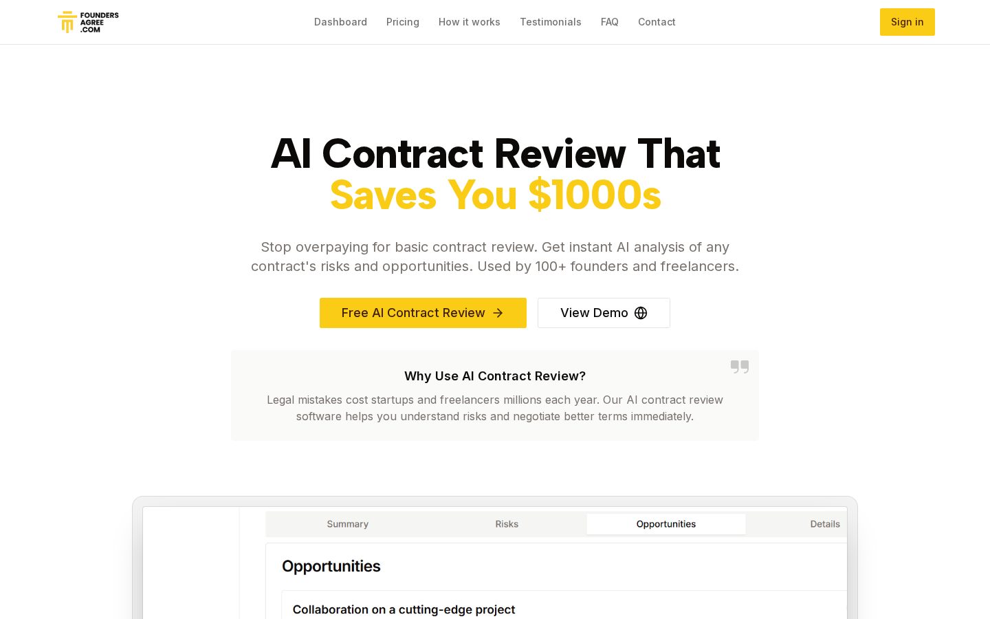 Foundersagree AI Contract Scan Homepage