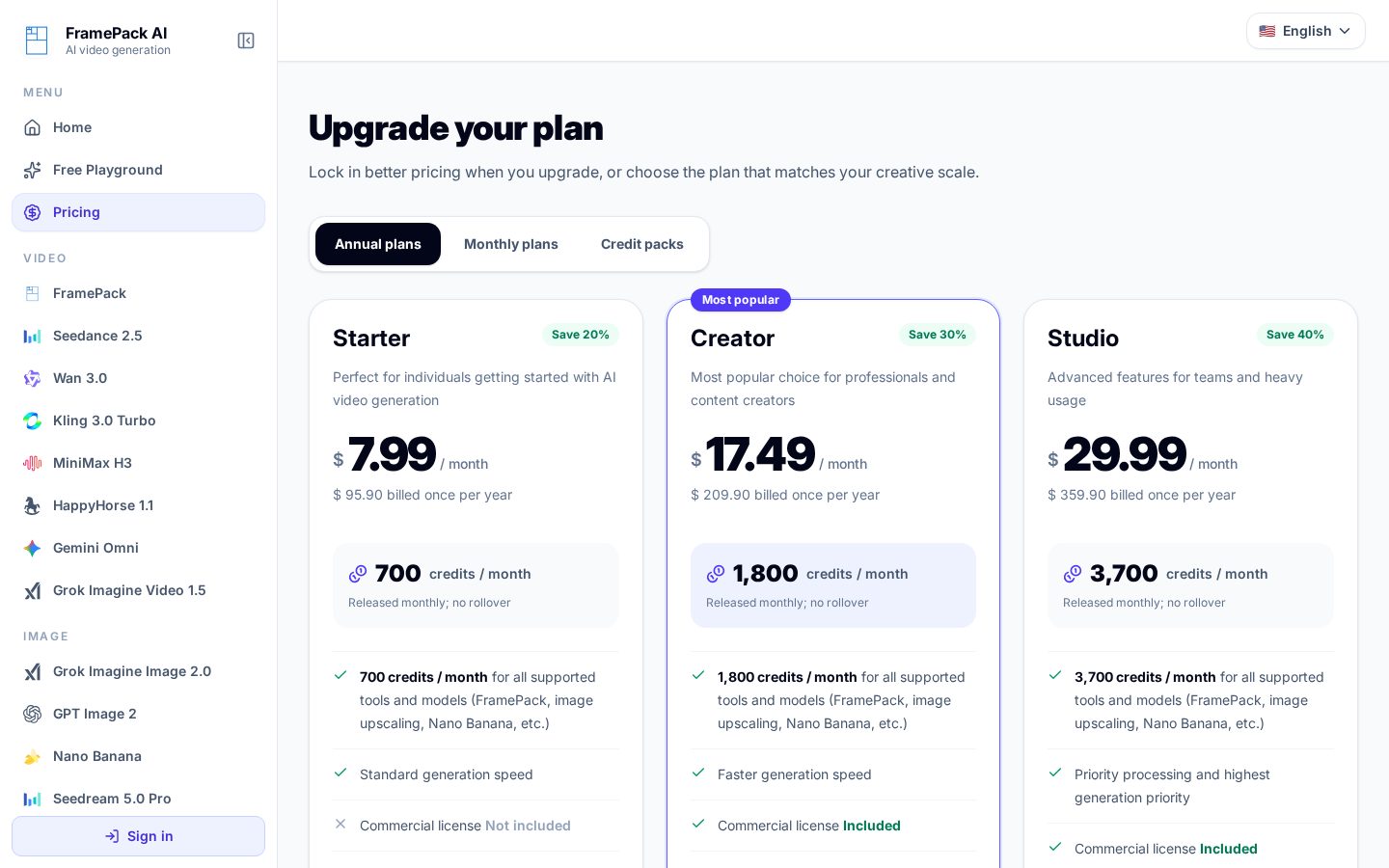 FramePack AI Pricing