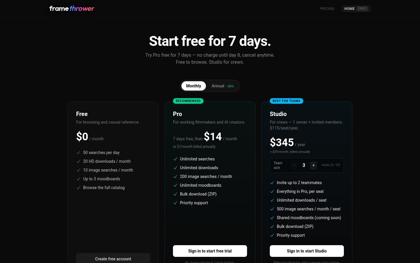 FrameThrower Pricing