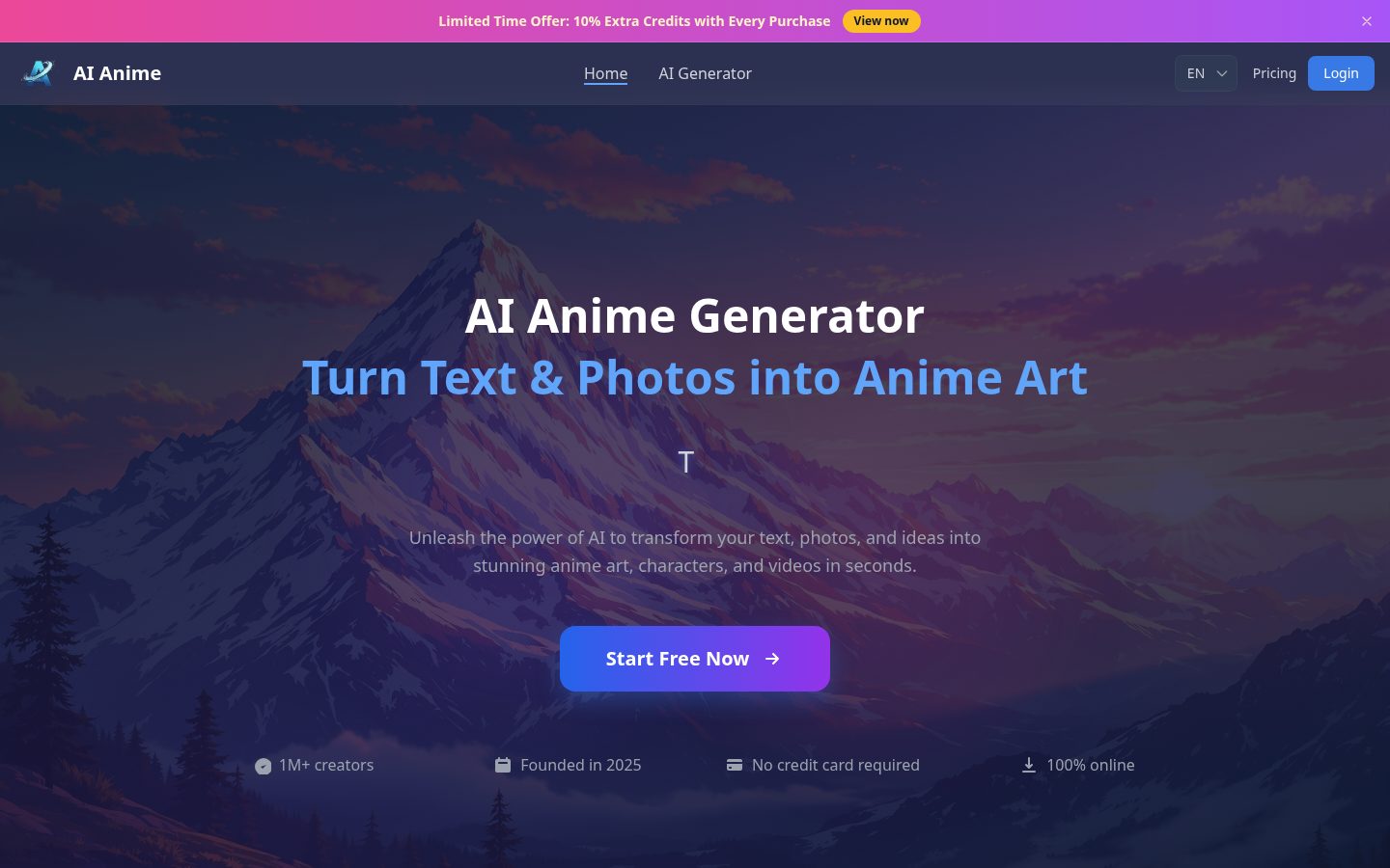 Free AI Anime Generator Homepage