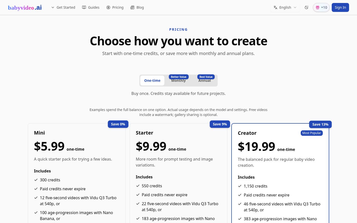 Free AI Baby Video Generator Pricing