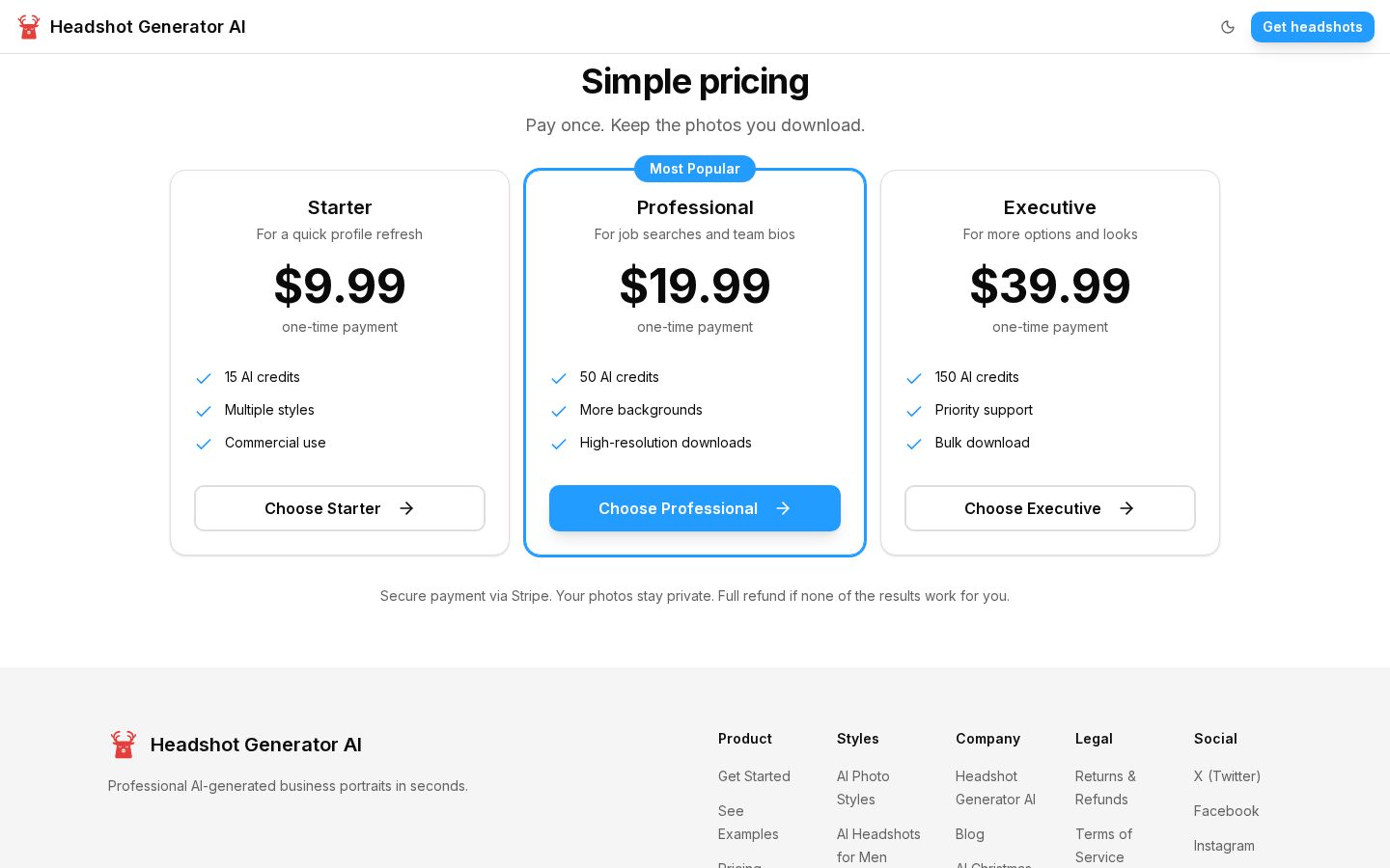 Free AI Headshot Generator Online Pricing
