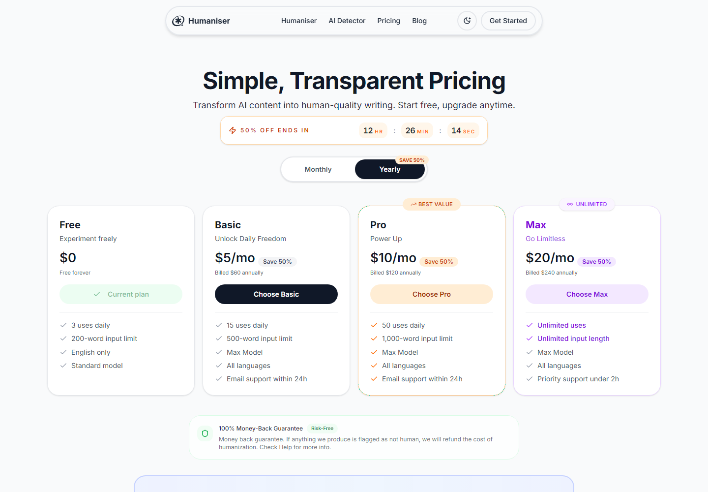 Free AI Humanizer pricing