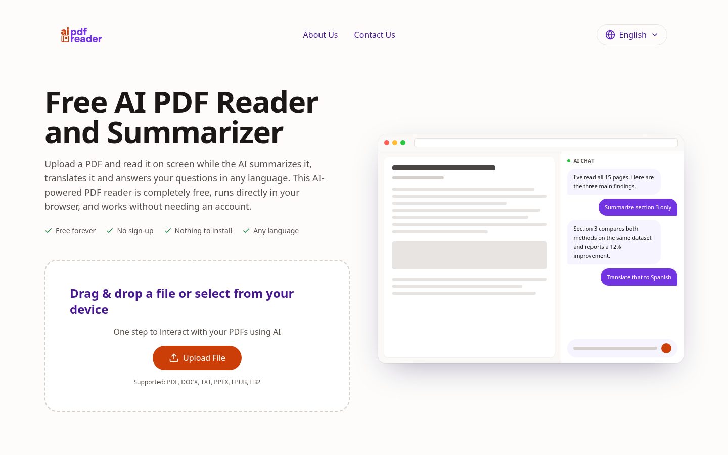 Free AI PDF Reader Homepage