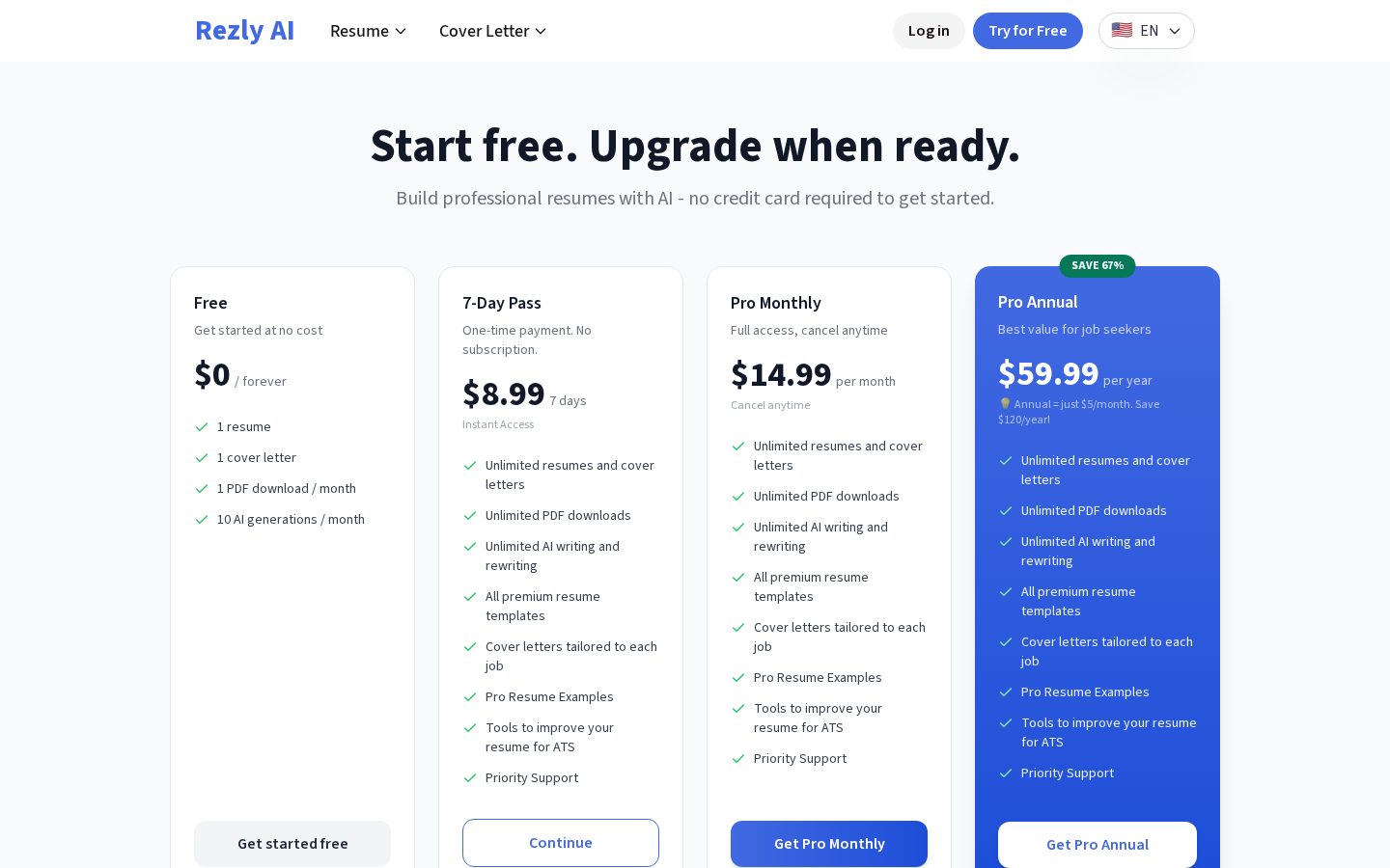 Free AI Resume Builder Pricing
