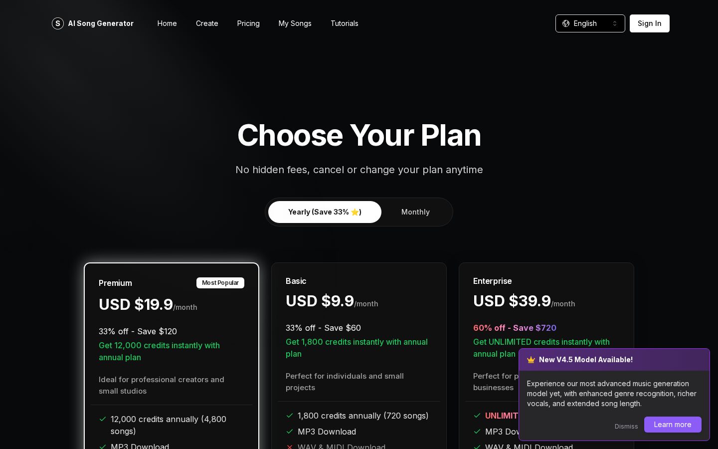Free AI Song Maker Pricing