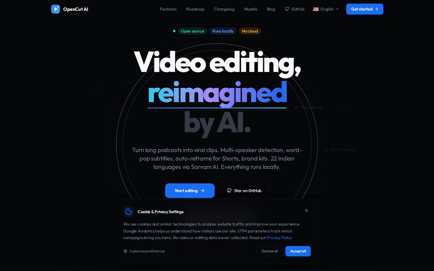 Free AI Video Editor OpenCutAI Homepage