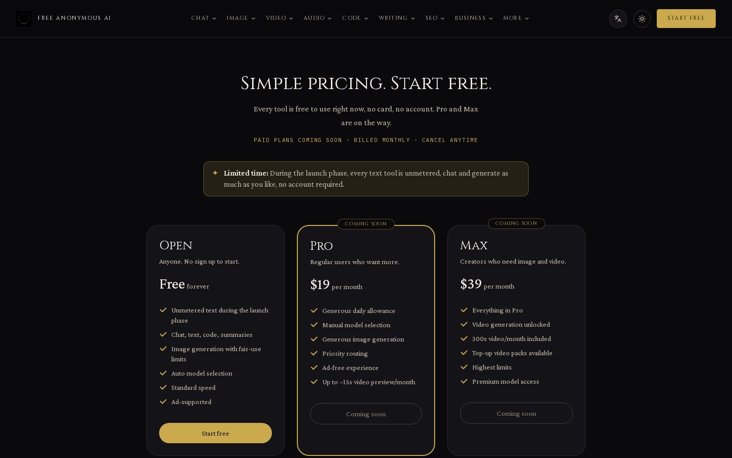 Free Anonymous AI Pricing