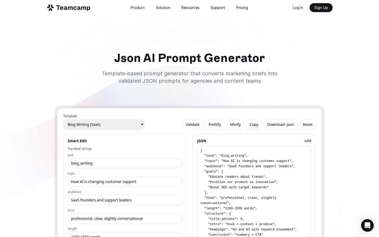 Free Json AI Prompt Generator Homepage