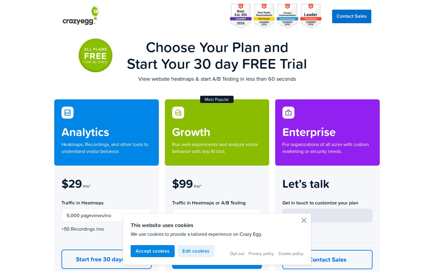 Free Web Analytics by Crazy Egg Pricing