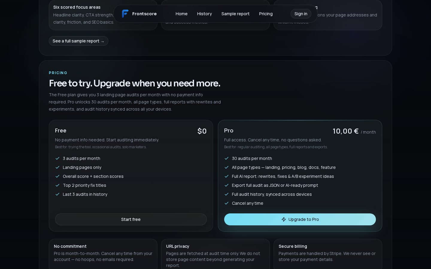 Frontscore Pricing