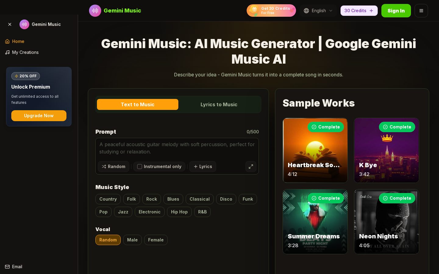Gemini Music AI Gemini Music Generator Homepage