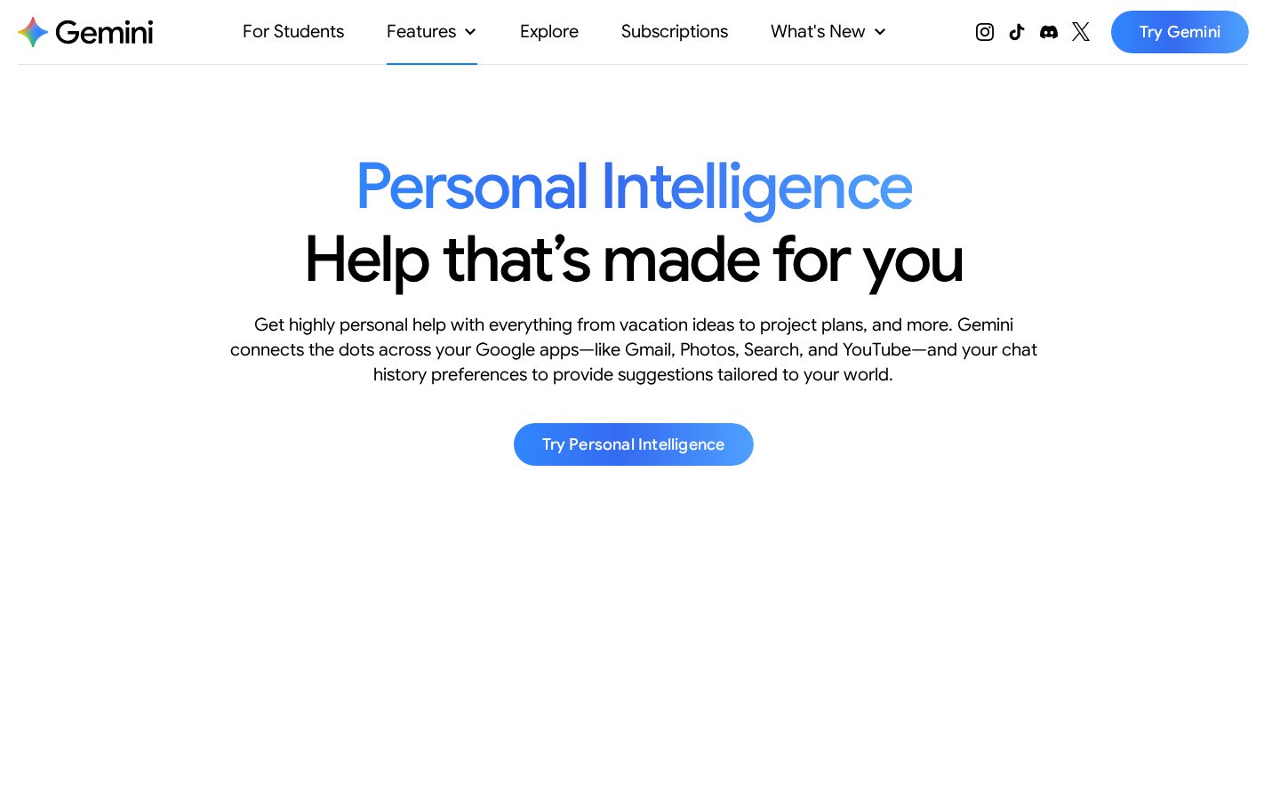Gemini Personal Intelligence Homepage