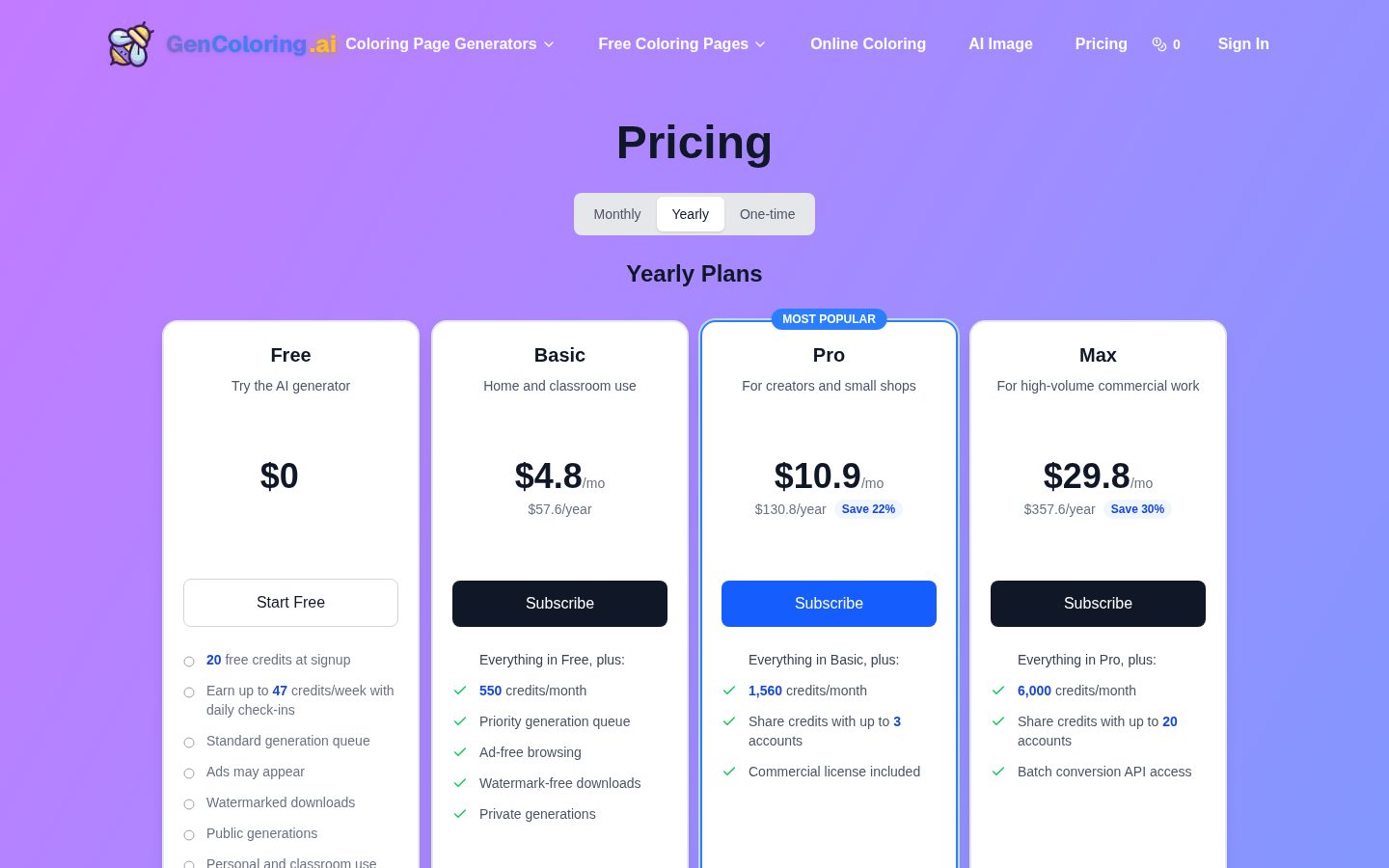 Gen Coloring AI Pricing