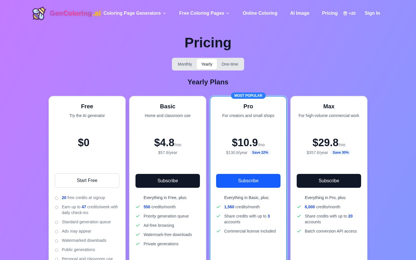 Gen Coloring Pricing